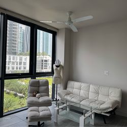 Chair with leg rest, recallable couch, coffee table