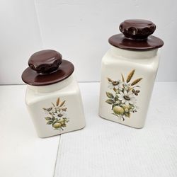 Vintage 1970s Retro Ceramic Canister Set Sunflower Fruit Design Brown Lids Kitchen Decor