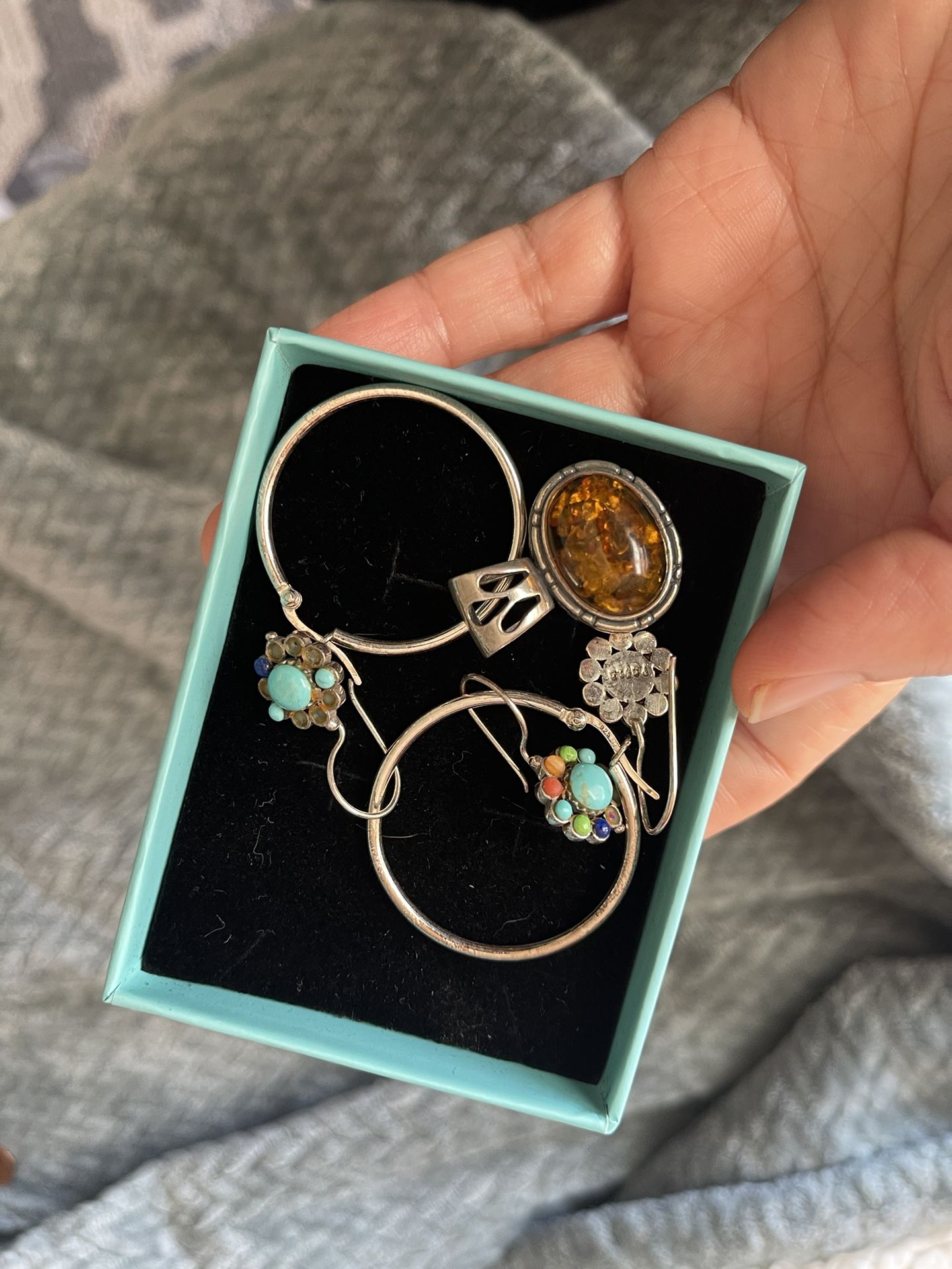 Vintage Sterling Silver Amber Brown Pendant Earrings Turquoise Ring 