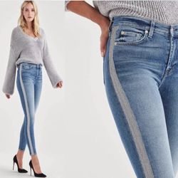 7 For All Mankind Jeans Women 26 Skinny Side Stripe Stretch Blue Denim Mid Rise Vintage
