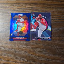 Hunter Greene 2 Card Lot. 2002 Certified Blue Mirror 22/99 RC. 2023 Topps Finest Chrome 