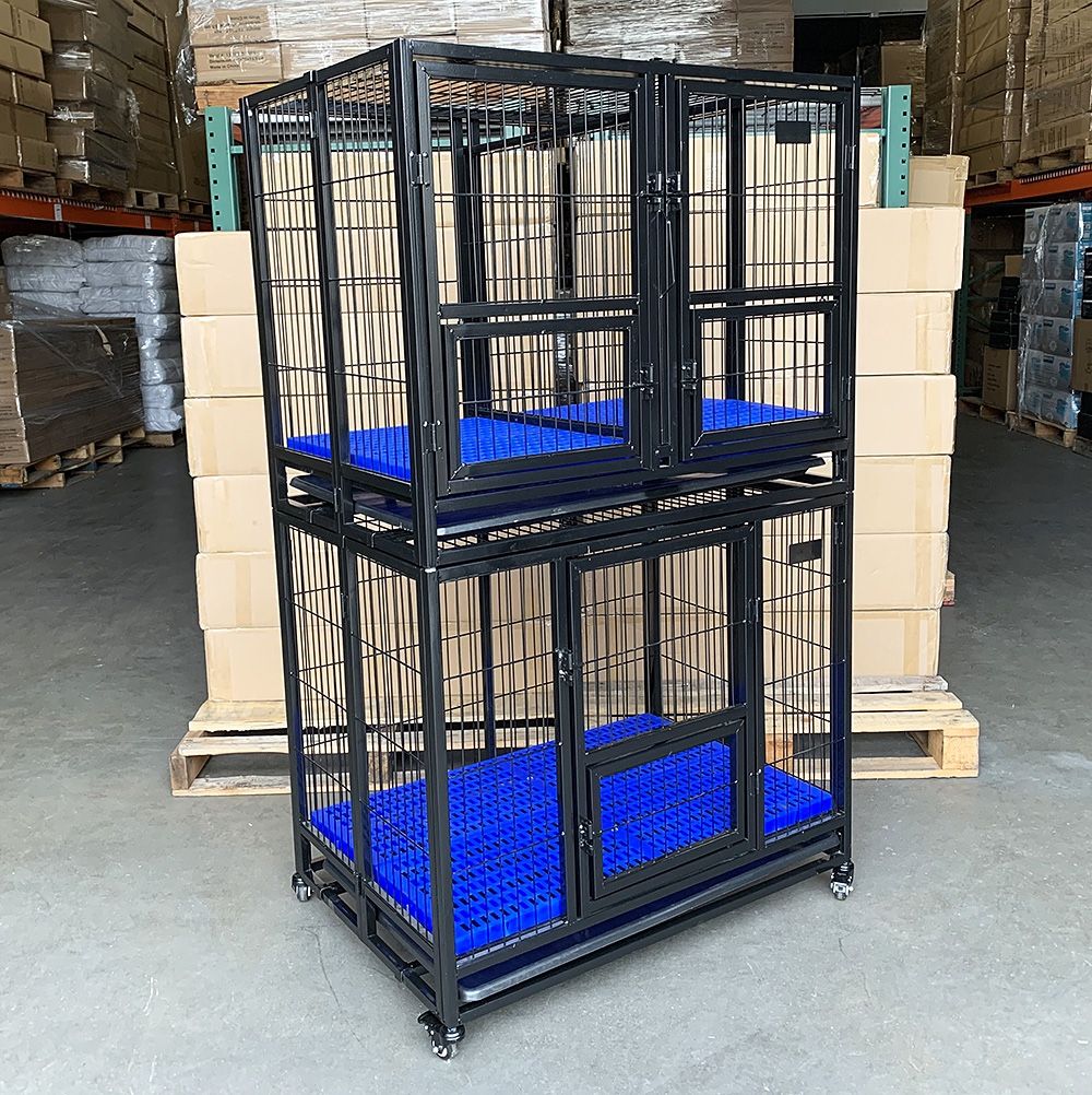 New in Box $250 Stacking Dog Crate 37”x25”x64” Heavy Duty Cage Folding Kennel w/ Plastic Tray (Set of 2)