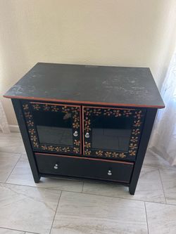 Hand-Painted Black Media Cabinet with Glass Doors