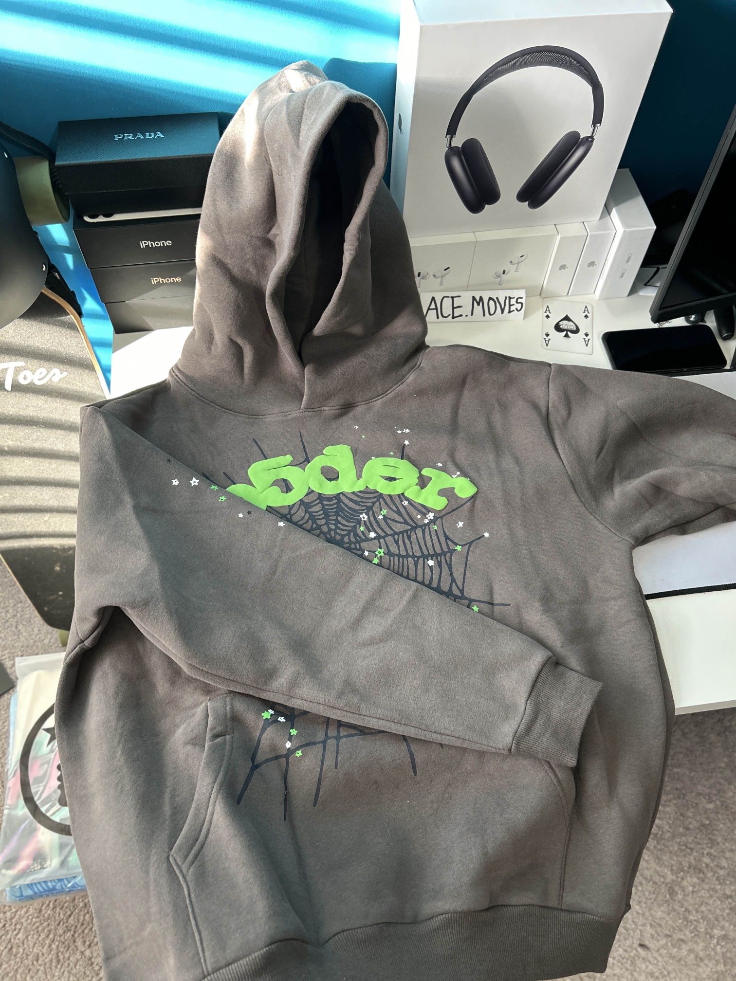 Grey And Green Sp5der Hoodie