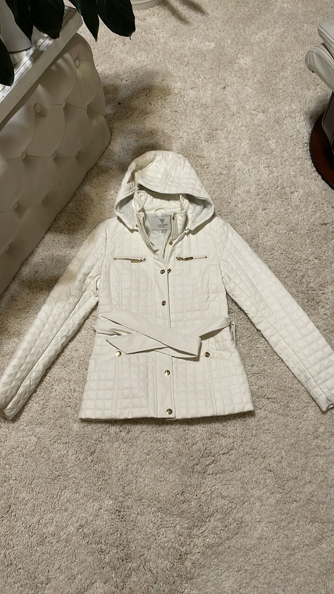 Guess women’s jacket coat White gold small tufted hood belt like new maybe wore 1 time fake leather