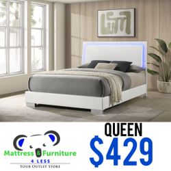 Felicity Queen Size Bed In High Gloss White With LED Light In Headboard