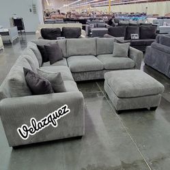 ✅️✅️ 4pc  for grey corduroy fabric upholstered sectional sofa with ottoman ✅️✅️