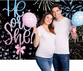 SVBright Polyester Fabric Gender Reveal Backdrop 7Wx5H Ft He or She Baby Shower