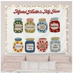 Colorful Jam Mental Health Tapestry, Psychological Tapestry Decorative, Cute Floral Fruit Jam Mental Health Wall Tapestries Blanket Decor for Therapy 