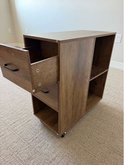Rolling 2-Drawer Storage Cabinet with Shelves – Rustic Brown