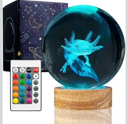 3D Axolotl Crystal Ball Night Light with Woodern Base,16 Colors