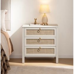 White Night Stand with Drawers - Large Rattan Bedside Table with Golden Handle, 3 Drawers Nightstand Tall End Table Side Table Boho Nightstand for Bed