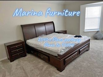 Dark Wood King Sleigh Bed with Storage and Nightstands