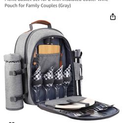 Sunflora Picnic Backpack for 4 Person with Blanket Picnic Basket Set for 2 with Insulated Cooler Wine Pouch for Family Couples (Gray)