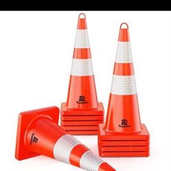 10 Pack Traffic Cones 28 Inch Safety Cones with Reflective Collar Orange Cones with Handle Plastic PVC Heavy Duty Cones for Parking Lot, Driving Train