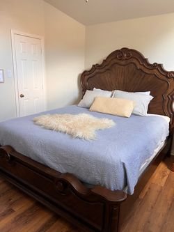 King Size Wood Bed Frame with Ornate Headboard