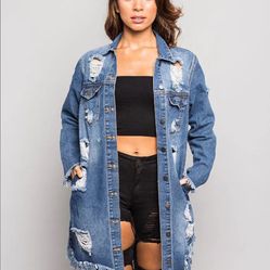 $25 Small Long Distressed Denim Jean Jacket 