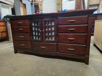 Dark Cherry 7 Drawer Dresser with Glass Doors