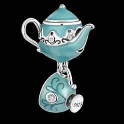 🫖 New! 925 Sterling Silver Blue Teapot & Teacup Charm Bead w Gift Bag