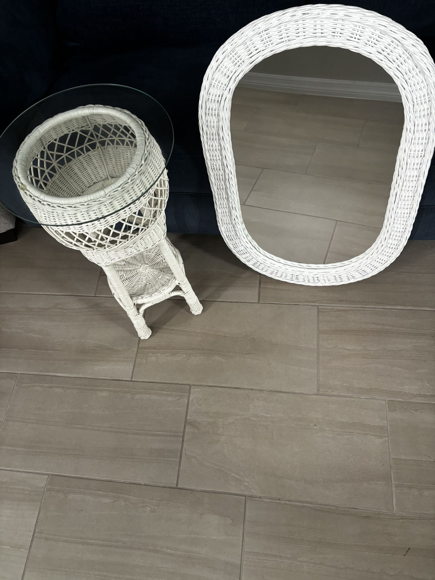 Wicker Mirror & Glass-Top Table Set – $25