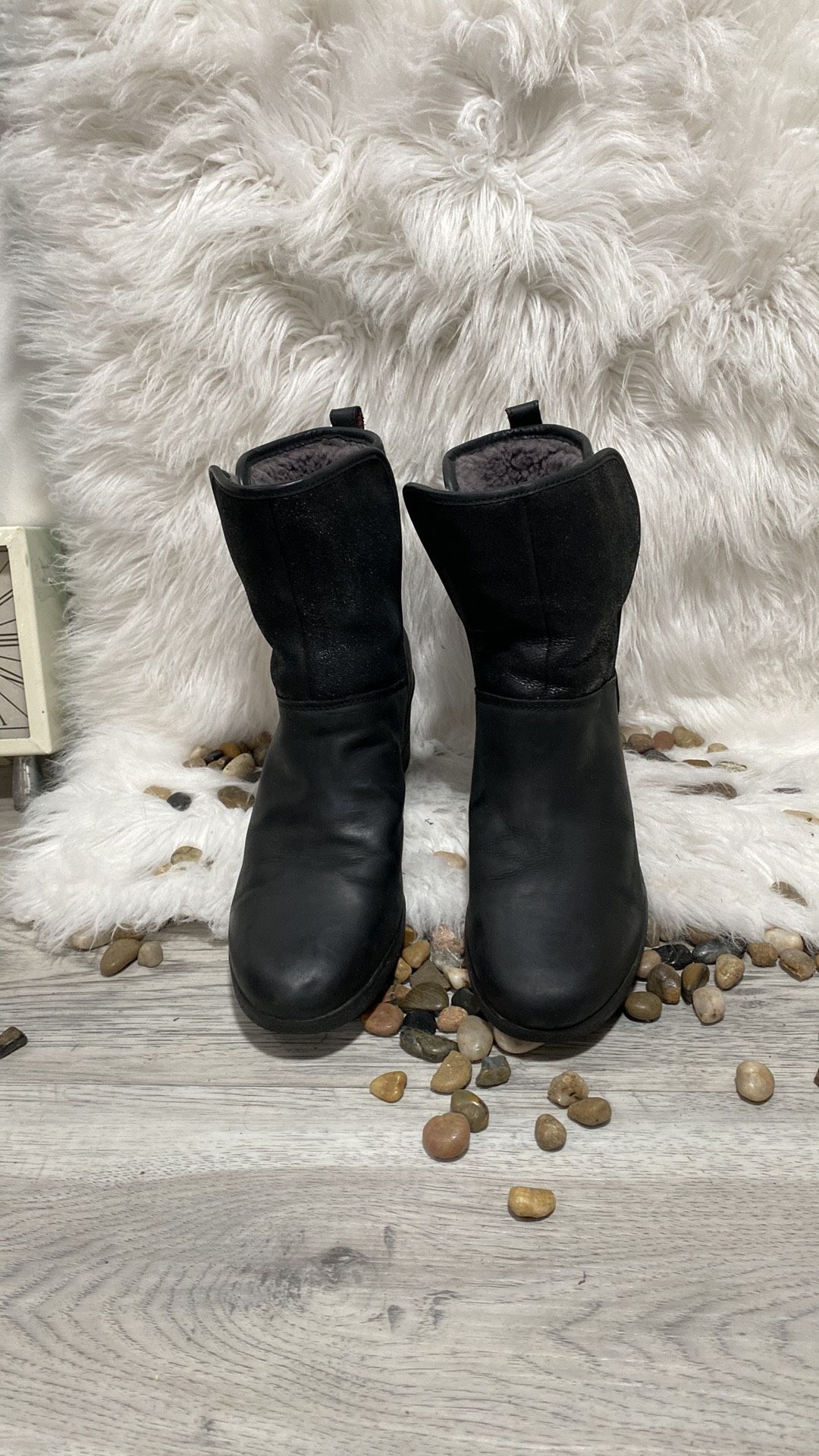 UGG Renatta Waterproof Black Wedge Leather Boots size 10 