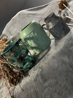Decorative Metal Watering Can,  faux roses, decorative pumpkins