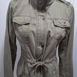 Women’s Hollister Army Green Utility Jacket Medium Full Zip Pockets Drawstring