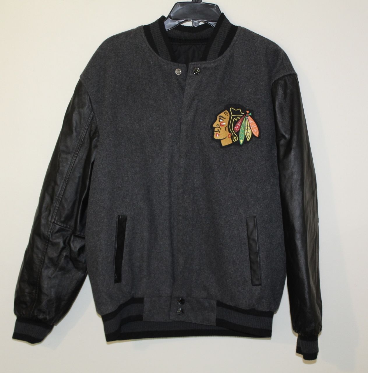 Mens Chicago Blackhawks JH Design Wool/ Leather Snap Up Reversible Jacket Size Medium