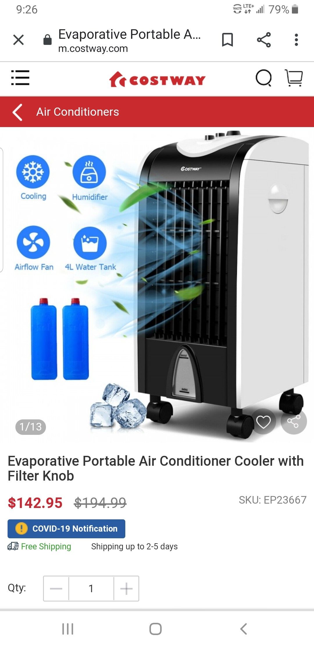Evaporative Portable Air Conditioner Cooler with Filter Knob EP23667