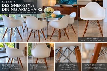 Set of 6 Eames-Style Mid-Century Modern Dining Armchairs – White, Wood & CHROME (Rare detail)