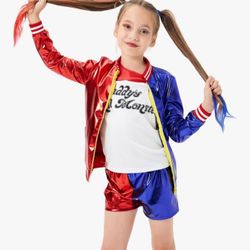 NEW IN PKG, Halloween Costumes for Cool Girls -Harley Costume with Jacket Shorts Tshirt -Easy to Wear for Kids Cosplay Costumes XL