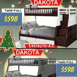 Brand New Twin/Full Bunkbed With Staircase Storage, 2 Bottom Drawers & Orthopedic Bamboo MATT $598