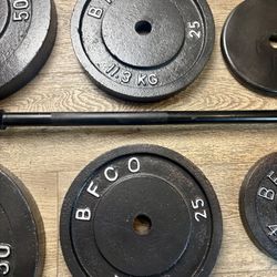 BRAND NEW:  6 ft Standard Bar With VINTAGE Cast Iron Weight Plates: 50s,25s, 10s, 7.5s  And 5s. (Total: 215 lbs)  