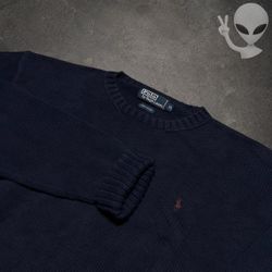 Polo Ralph Lauren Mens XL Navy Blue Cotton Tight-Knit Crewneck Sweater Vintage