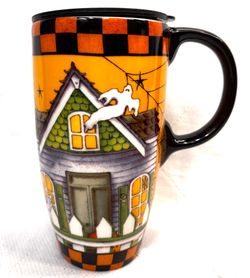 Halloween Haunted House & Black Cat 16oz. Travel Mug with Lid