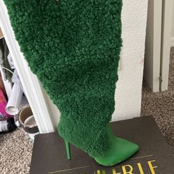 Green Shearling x Leather Below Knee Boot
