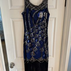 1920s blue sequined peacock flapper dress