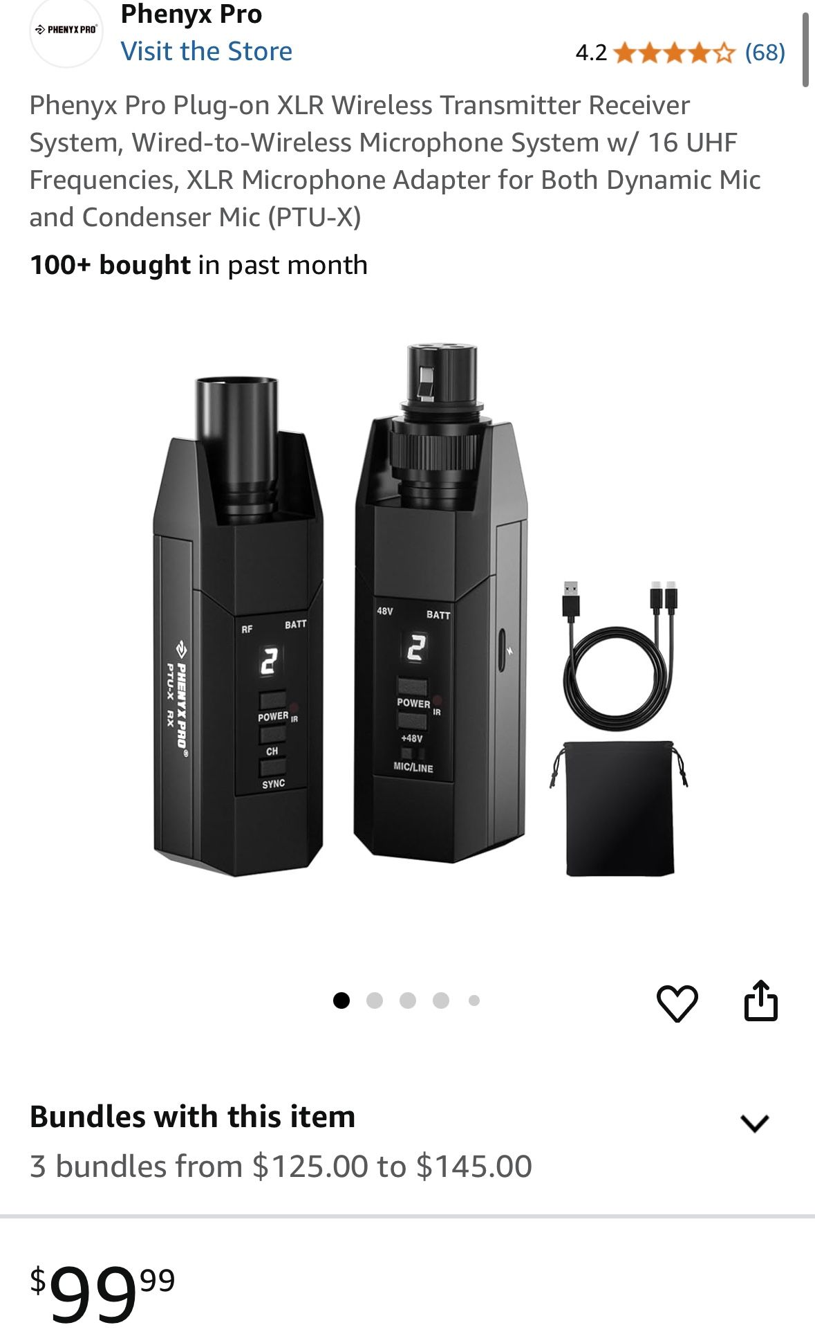 Phenyx Pro Plug-on XLR Wireless Transmitter Receiver System, Wired-to-Wireless Microphone System w/ 16 UHF Frequencies, XLR Microphone Adapter for Bot