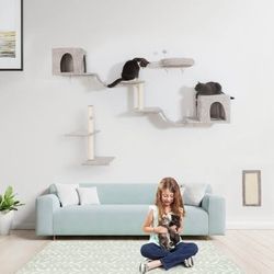 8-in-1 Cat Wall Set – Wall Mounted Climbing Wall Shelves w/ Tree, Scratching Post & Bridge - Gray