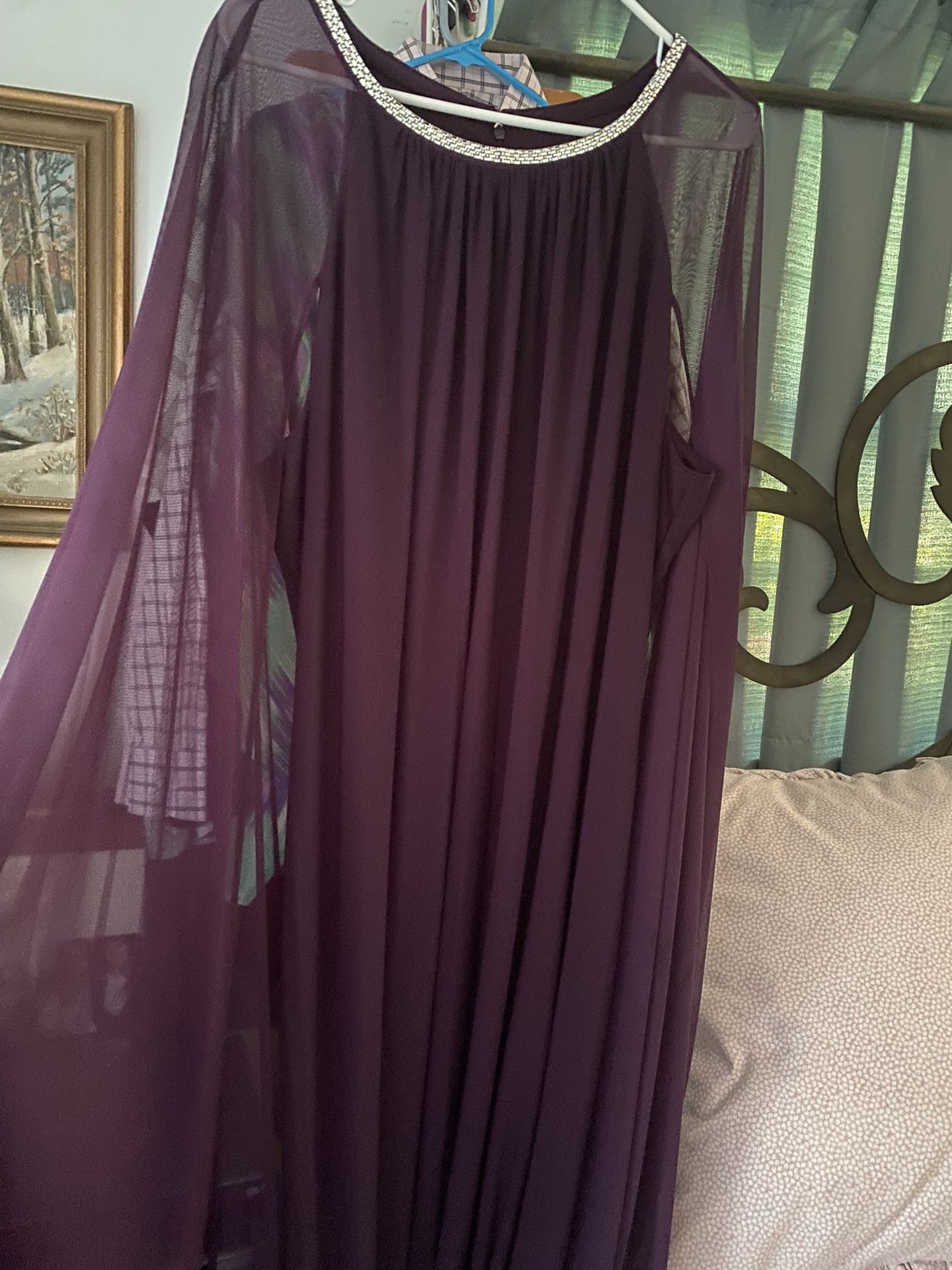 Size 20 Full Length Gown With Rhinestone Neckline And Sheer Shawl Like Sleeves