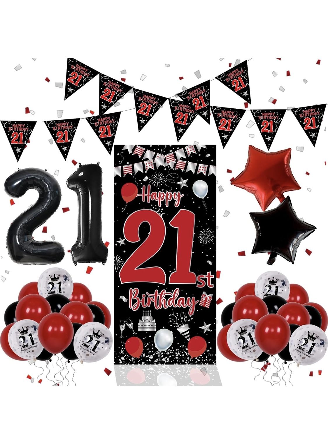 21th Birthday Decorations For Him Her, Red Black Happy 21st Birthday Decorations For Men Women, Boys 21st Bday Door Banner, Triangle Flag, Large 21 Ba