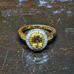(Size 8) Golden Tanzanite, Yellow and White Diamond Ring - YG over 925 Silver