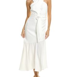 $495 SACHIN & BABI Naomi Halter Asymmetric Midi Dress | Ivory | Size 8