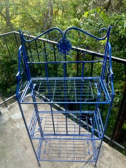 Blue Vintage Wrought Iron Metal 3-Tier Folding Plant Stand | Bakers Rack | Bookshelf
