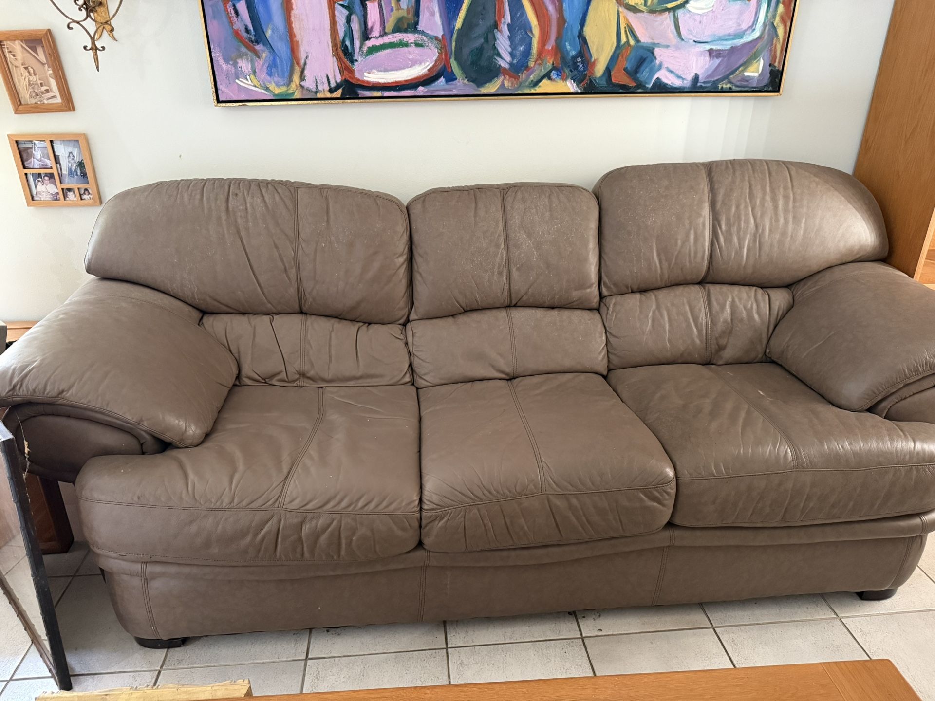 FREE Leather Couch - Large, Taupe, Overstuffed