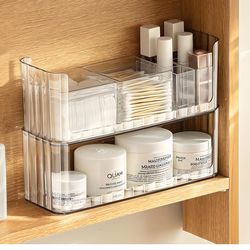 2-Tier Stackable Medicine Cabinet Organizer, Narrow Bathroom Makeup Organizer with Lipstick Holders & Cotton Swab Cases, Clear Countertop Shelf for Mi