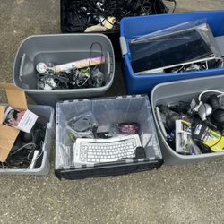 6 totes of computer stuff and electronics 100+ webcams, hard drives, monitors and more