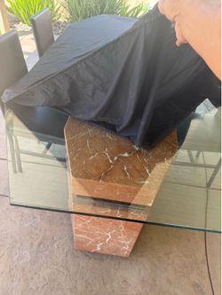 Large glass table on marble pedestal 10 chairs