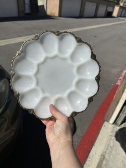 Anchor Fire King Milk Glass Egg Platter With Gold Accent