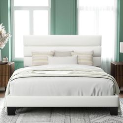 Full Size Platform Bed Frame with Velvet Upholstered Headboard and Wooden Slats 